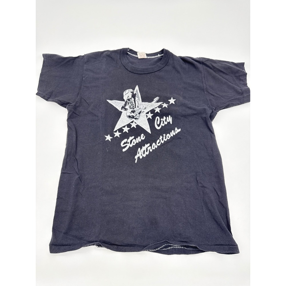 Vintage Russell Athletic Stone City Attractions T Shirt Black Silver Glitter M